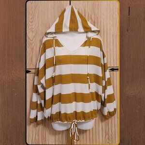 Aerie Women's Small Striped Hoodie Mustard Yellow White Long Sleeve Lightweight
